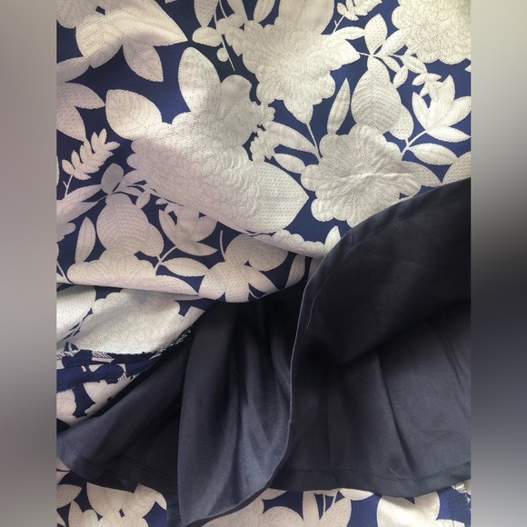 NEW STELLA M’LIA Jacquard Hi Low Fit Flare Navy Floral Dress Size L - Picture 9 of 12